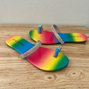 Liliana Rainbow Slide Sandals with Rhinestone Straps – Women’s Size 7